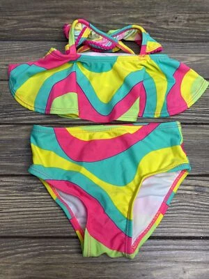 Bikini Wave Zone Rosa Amarillo Teal Neón Remolinos Infantil Niñas Talla 24 Meses Foto 1 de 4