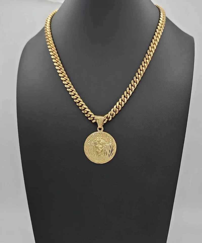 Gold Large Jesus Necklace, 7mm Curb Link, 14k Gold Plated, Waterproof, No Fade - Image 1 of 4