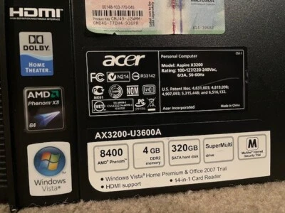 Fully Functional Acer Aspire AX3200-U3600A 320GBHD 8400 CPU 4GB DDR 64 Bit - Image 1 of 4