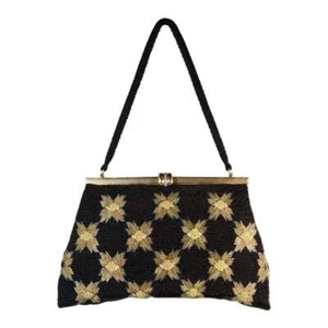 Cartera de noche floral con cuentas de caviar negra y dorada de colección década de 1950 - Imagen 1 de 7