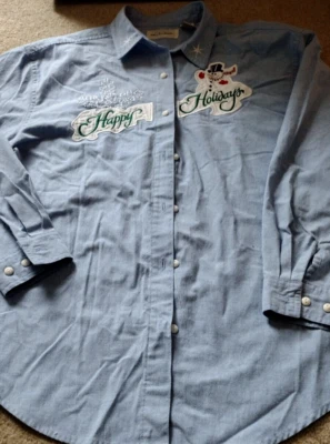 Vintage Falls Creek Embroidered "HAPPY HOLIDAYS" Denim Shirt Women SMALL - Image 1 of 4