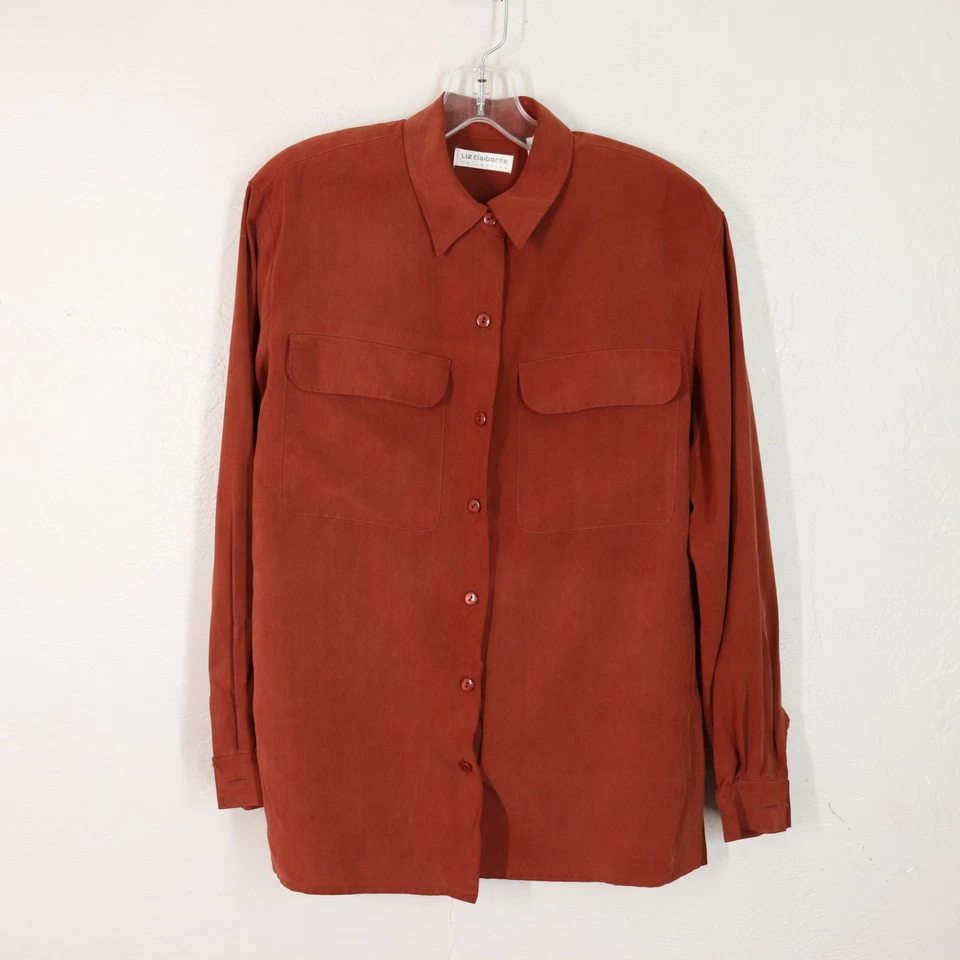 Blusa Vintage Liz Claiborn Seda Top Feminina Ferrugem Pequena Manga Longa Botão Bolsos - Imagem 1 de 4
