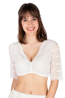 Dirndlbluse Gina-Lotta offweiß schwarz florale Spitze halbarm V-Ausschnitt 30-54 - Bild 1 von 4