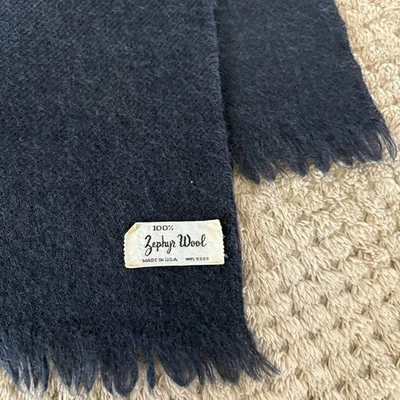 Vintage Zephyr Wool Scarf Blue Navy Fringe USA * Winter Warm Coz - Image 1 of 4