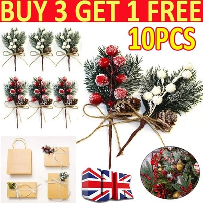 10X Christmas Artificial Pine Branch Ornament Berry Pick Holly Flower Xmas Decor - Image 1 of 4