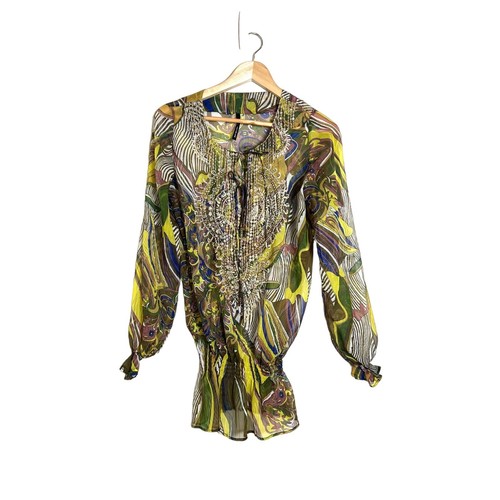 Camicetta donna Kay Celine verde marrone astratta con perline trasparente piccola