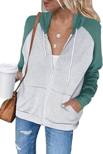Ezbelle Women's Color Block Zip Up Hoodie Sweatshirt Casual Long Sleeve Drawstri - Picture 1 of 4