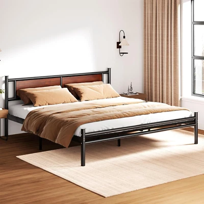 California King Bed Frame with Wooden Headboard, Heavy Duty Platform Bed with 12 - Image 1 of 4