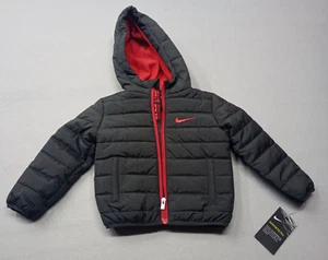 Nike Youth Boys Size 24M Black Red Hooded Winter Puffer Jacket Coat G083-023 New - Picture 1 of 7