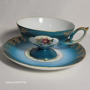 Vtg Shafford Japan Pedestal Tea Cup and Saucer Floral Aqua Blue Gold Trim - Picture 1 of 16
