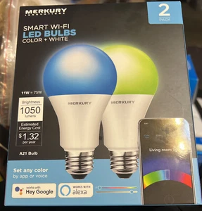 Merkury A21 E26 Base Smart Wifi LED Bulbs Color + White Voice or App 2 Pack  - Picture 1 of 5