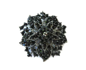 Vintage Inspired Womens Black Rhinestone Crystal Flower Brooch Wedding Party - Picture 1 of 5