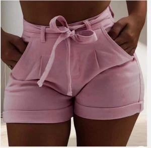 Women's High Waist Denim Shorts with Stretchy Folded Hem and Belt - Picture 1 of 2
