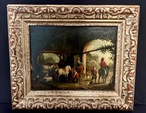 Antique 18th Cty French School Oil Painting  Equestrian Stable Scene w/Figures - Picture 1 of 12