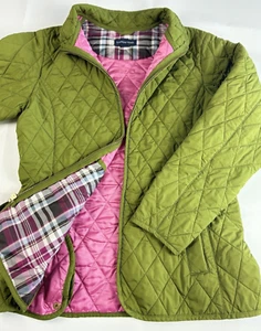 Lands End Quilted Dory Jacket Youth Kids Large 14 Olive Green with Pink Plaid - Picture 1 of 18