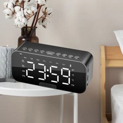 Wireless Bluetooth Digital Mirror LED Alarm Clock with Speaker MP3 Player Black - Image 1 of 4