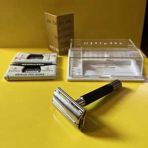 Vintage Gillette schwarz Super Speed TTO doppelseitiges Sicherheitsrasiermesser-Set im Koffer 1968 - Bild 1 von 10