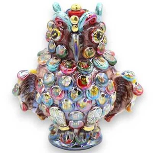 Gufo con decori in rilievo ceramica Caltagirone h 16 / 17 cm ca. smalto madreper - Imagen 1 de 7