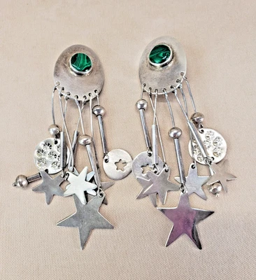 Pendientes colgantes vintage de plata esterlina con estrellas celestes de malaquita firmados por Taxco Foto 1 de 4