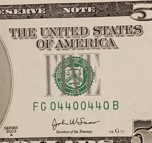 FG04400440B $5 RADAR Repeater Binary Fancy Serial Number Five Dollar 2003A CU - Picture 1 of 3