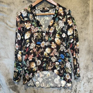 Zara Womens Blouse Top Size XS Black Floral Long Sleeve Hi Lo Zip V Neck - Picture 1 of 12