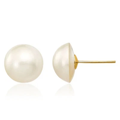 14K Solid Yellow Gold 10mm White Freshwater Cultured Mabe Pearl Stud Earrings - Image 1 of 4