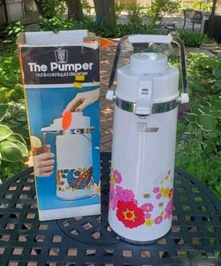 VTG King Air Pot Vacuum Thermos Pump Drink Dispenser MCM Flowers Hot Cold Retro - Picture 1 of 17