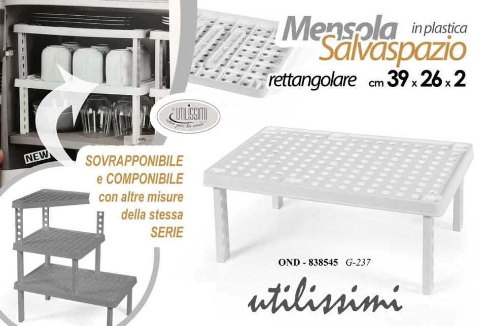 1 Pezzo Mensola Salvaspazio Sovrapponibile in Plastica Bianco 39 x 26 x 2 cm - Imagen 1 de 1