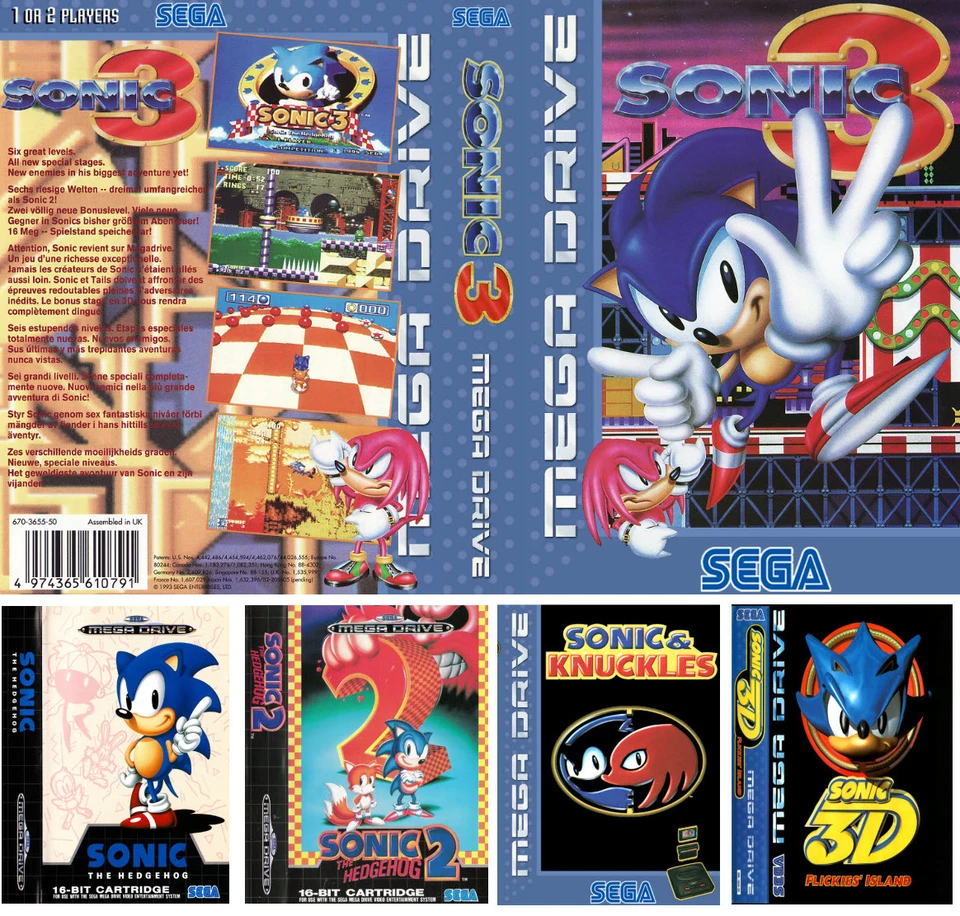 - Sonic 1 2 3 3 3D Mega Drive Caja de Repuesto Mangas Artísticas Estuche de Inserto solamente