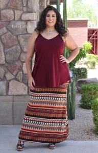 PLUS SIZE Womens HIGH WAIST MULTI COLOR RUST AZTEC BOHO MAXI SKIRT XL 1X 2X USA - Picture 1 of 6