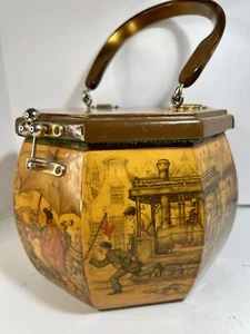 Vintage Anton Pieck Purse Decoupage Wood Octagon 70’s Amber Lucite Handle Clean - Picture 1 of 12