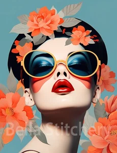 Set of TWO 5x7 Retro Vibes #20 Woman & Glasses Collage Cotton Fabric Blocks - Picture 1 of 1