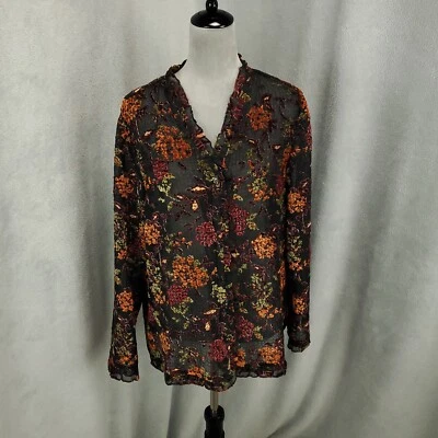 Blusa Coldwater Creek para mujer 1X negra roja naranja floral transparente con botones Foto 1 de 4