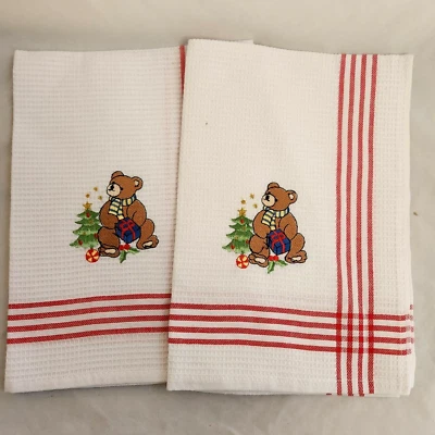 2 toallas de mano bordadas de oso de peluche árbol de Navidad cocina gofre rayas rojas Foto 1 de 4