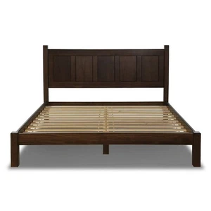 Modern Farmhouse Platform Bed Frame King Size Headboard Bedroom Solid Wood Brown - Picture 1 of 4