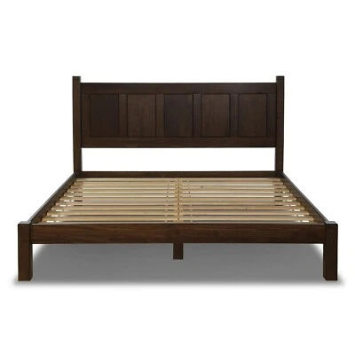 Modern Farmhouse Platform Bed Frame King Size Headboard Bedroom Solid Wood Brown - Image 1 of 4