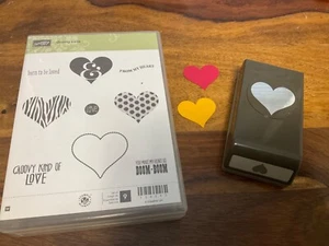 SET - Stampin’ Up Groovy Large Love Heart punch plus 9 New Wooden Rubber Stamps - Picture 1 of 3