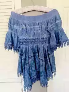 Blue Off Shoulder Top Smocked Bell Sleeve Boho Bohemian Small Medium - Picture 1 of 3