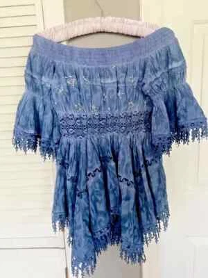Blue Off Shoulder Top Smocked Bell Sleeve Boho Bohemian S / M - Image 1 of 3