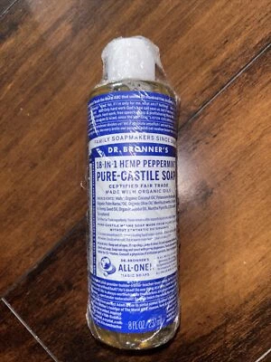 Dr Bronners Jabón Líquido Orgánico 18 en 1 Todo Propósito Puro Menta de Castilla 8 OZ Foto 1 de 4