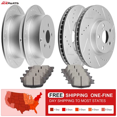 FOR 2005 2006 -2010 SCION TC FRONT+REAR DRILL SLOT BRAKE ROTORS & CERAMIC PADS - Image 1 of 4