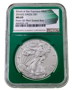 2016-(S) $1 Silver American Eagle Graded by NGC as MS69 Sealed Box Green Holder - Picture 1 of 4