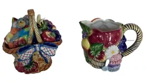 Fitz & Floyd Ceramic Fruit Basket Creamer & Sugar Bowl W/Lid & Spoon Bear Bee - Picture 1 of 14