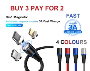 3 in 1 Magnetic USB Cable Fast 3A Charging Charger Sync Phone Type-C Micro & iOS - Picture 1 of 19