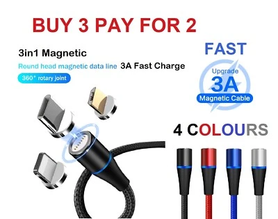 3 in 1 Magnetic USB Cable Fast 3A Charging Charger Sync Phone Type-C Micro & iOS - Image 1 of 4