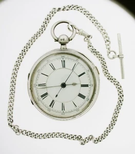 Silver Key Wound Chronograph Pocket Watch and Albert Chain - Chester 1896 - Picture 1 of 7