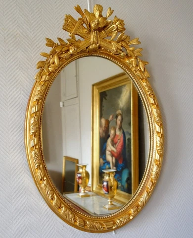 Original Antique Old Gilded Gilt Wood Frame Oval Mirror 19th 1870 France Cover