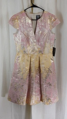 Vince Camuto Womens Cap Sleeve High Neck Fit & Flare Mini Dress Pink/Gold Size 6 - Image 1 of 4