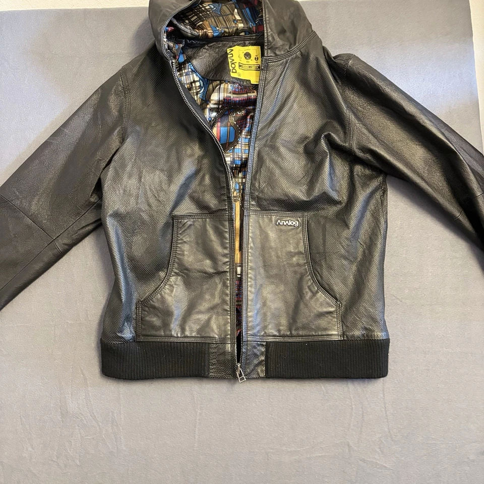 Jaqueta de couro analógica Burton preta porco com capuz forro paisley Y2K masculina média rara - Imagem 1 de 4