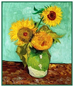 3 Sunflowers in a Vase Impressionist Van Gogh Counted Cross Stitch Pattern - Picture 1 of 9